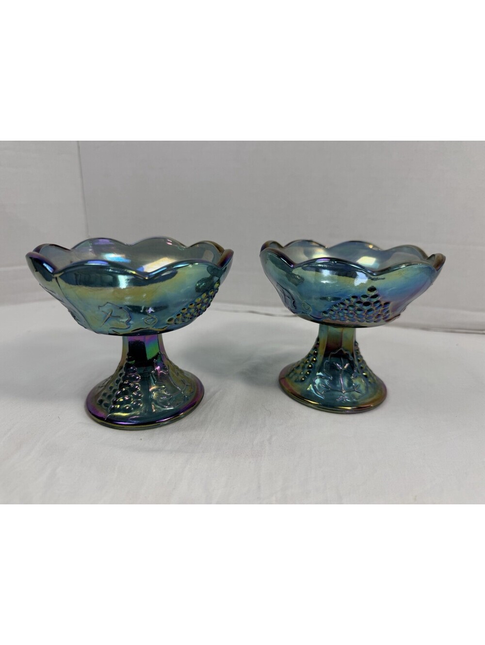 Vintage Indiana Glass Blue Carnival Glass Harvest Grape Candlestick Holders Pair